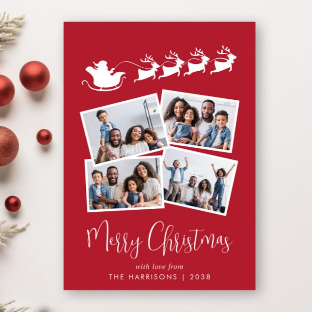 Merry Christmas 4 Photo Santa Sleigh Red Holiday Card (Share the love and warmth of the holiday season with this personalized photo Christmas card)