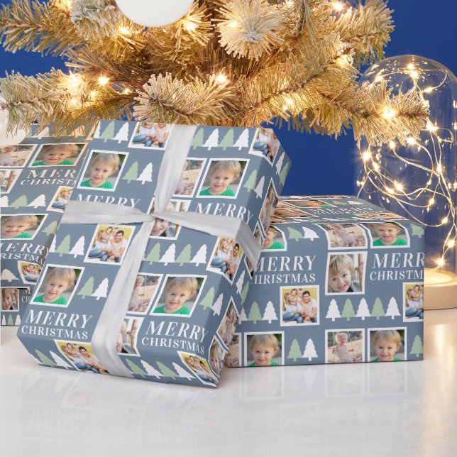 Merry Christmas 4 Photos Dusty Blue Wrapping Paper (Holidays)