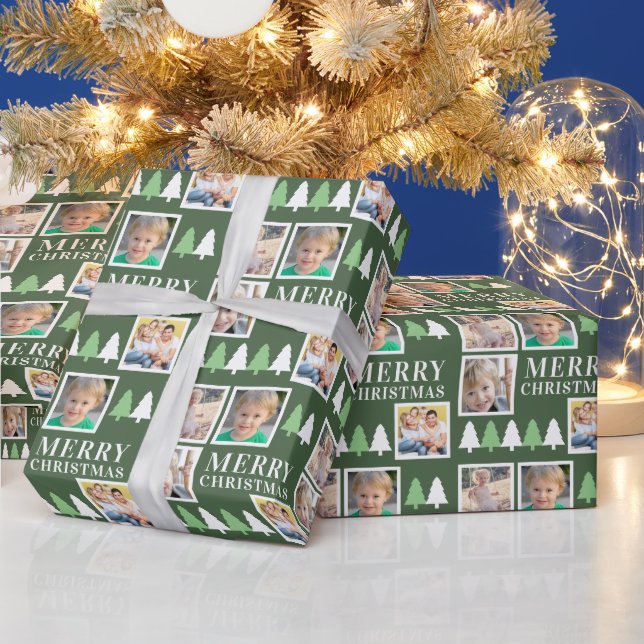 Merry Christmas 4 Photos Green Christmas  Wrapping Paper (Holidays)