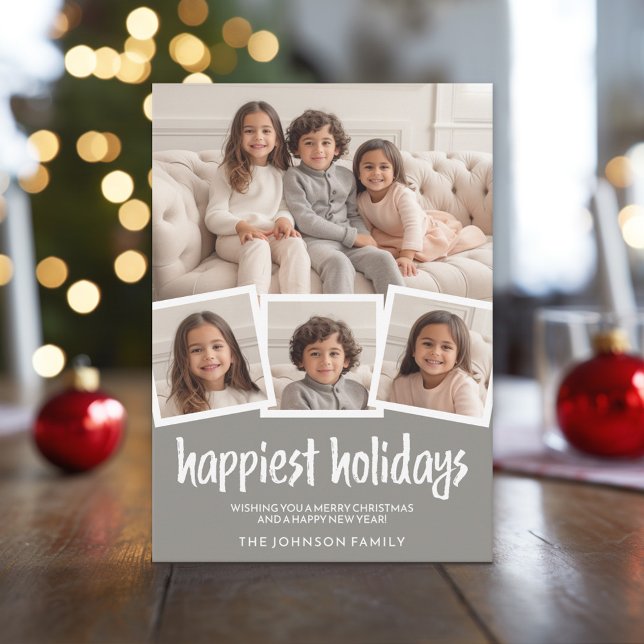 Merry Christmas 4 Photos Grey Coral Botanical Back Holiday Card (Custom Holiday Photo Greeting Card)