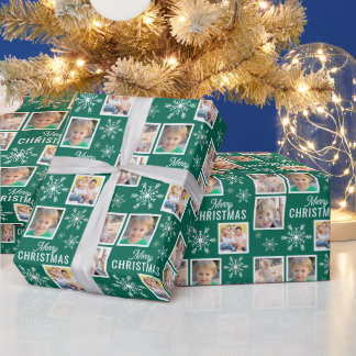 Merry Christmas 4 Photos Snowflake Christmas Green Wrapping Paper