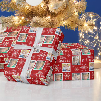 Merry Christmas 4 Photos Snowflake Christmas Red Wrapping Paper