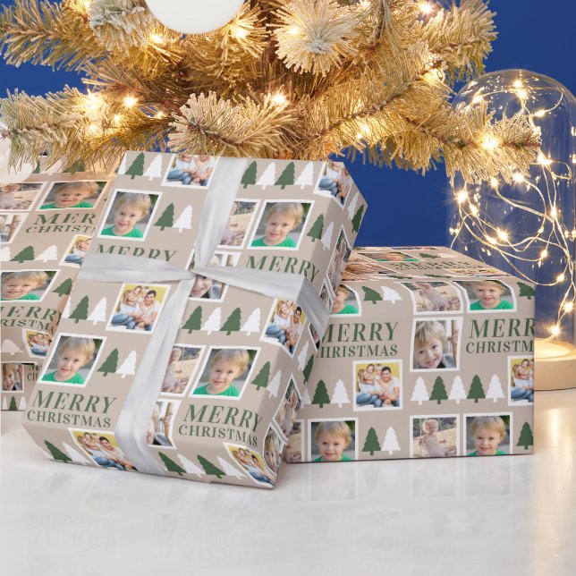 Merry Christmas 4 Photos Tan Christmas Wrapping Paper (Holidays)