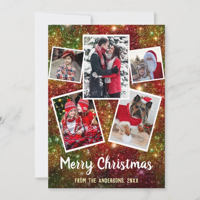 Merry Christmas 5 Family Photo Collage | Sparkles Holiday Card (Front)