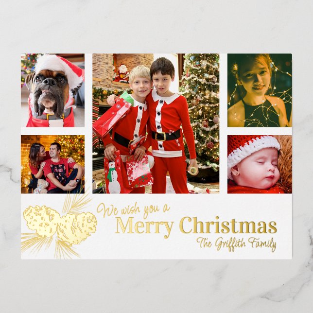 Merry Christmas 5 family photos gold pine cone Foil Holiday Postcard (Front)
