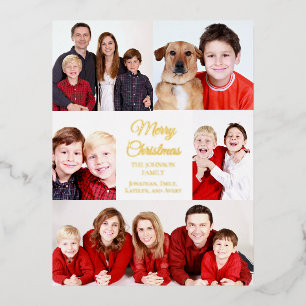 Merry Christmas 5 Photo Collage Elegant Gold Foil Holiday Postcard