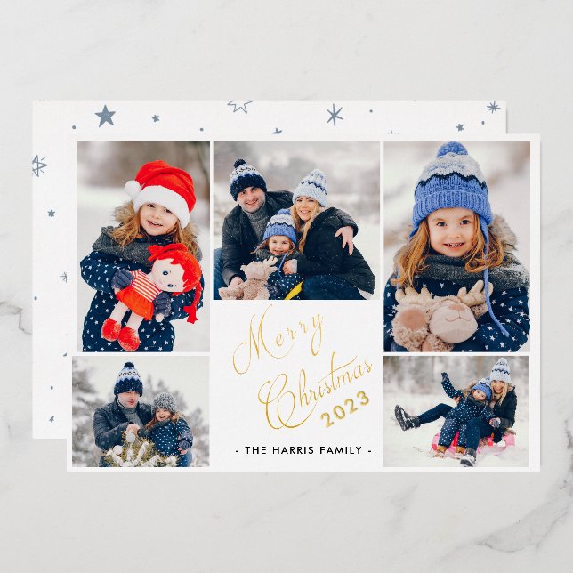 Merry Christmas 5 Photo Collage  Foil Holiday Card (Front/Back)