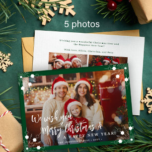 Merry Christmas 5 photo collage green Holiday Card