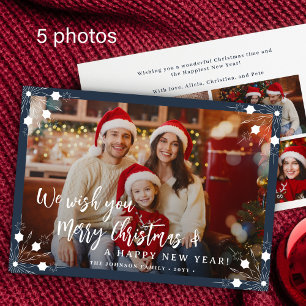 Merry Christmas 5 photo collage navy blue Holiday Card