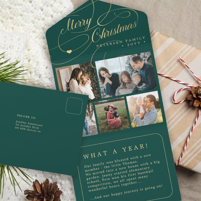 Merry Christmas 5 photo collage rustic green card (Creator Uploaded)