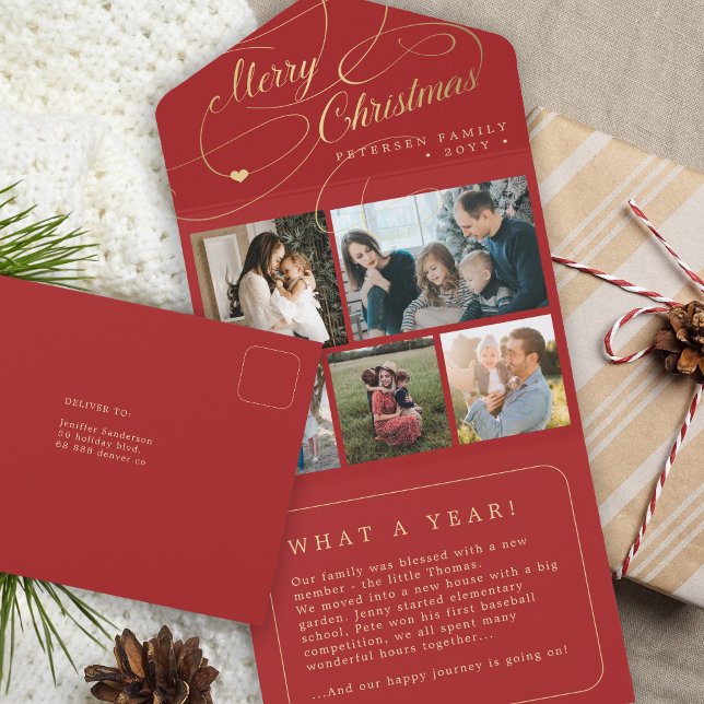 Merry Christmas 5 photo collage rustic red card (Creator Uploaded)