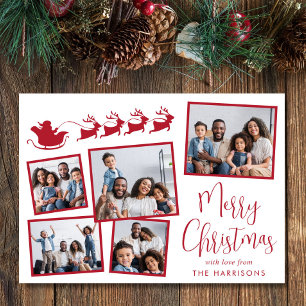 Merry Christmas 5 Photo Collage Santa Sleigh Holiday Card