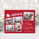 Merry Christmas 5 Photo Collage Santa Sleigh Holiday Postcard<br><div class="desc">Festive red holiday card featuring a 5 photo collage of scattered pictures in white frames, a white silhouette of reindeers flying Santa's sleigh, "Merry Christmas" in a stylish white script and your name in simple modern white typography. On the back, customise your message or leave blank for a handwritten note....</div>