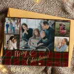 Merry Christmas 5 photos elegant script red plaid  Foil Holiday Card<br><div class="desc">Elegant stylish Merry Christmas real gold foil classic calligraphy script five family photos red green plaid tartan rustic luxury holiday card with your custom personalised text on both sides.        The foil colour is changeable - you can choose gold,  silver,  or rose gold.</div>