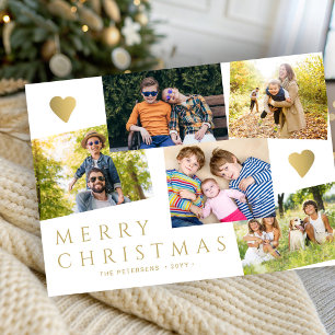 Merry Christmas 5 photos modern gold white Holiday Card