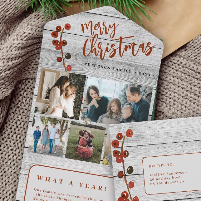 Merry Christmas 5 photos rustic wood holiday card (Creator Uploaded)