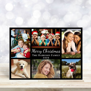 Merry Christmas 6 Photo Collage Black Holiday Card