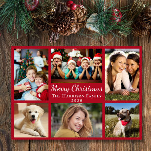 Merry Christmas 6 Photo Collage Red Holiday Card
