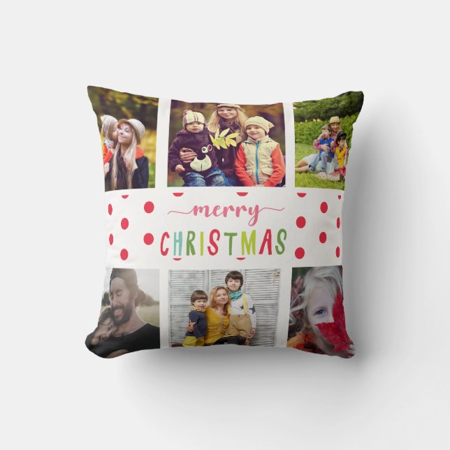Merry Christmas 6 photo family collage colourful Cushion (Front)