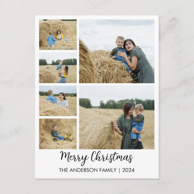 Merry Christmas 6-Photo Grid with Family Name Holiday Postcard (Front)