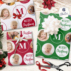 Merry Christmas 6 Photos Monogram Red Green Wrapping Paper Sheet