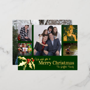 Merry Christmas 6 photos red green gold holly Foil Holiday Postcard