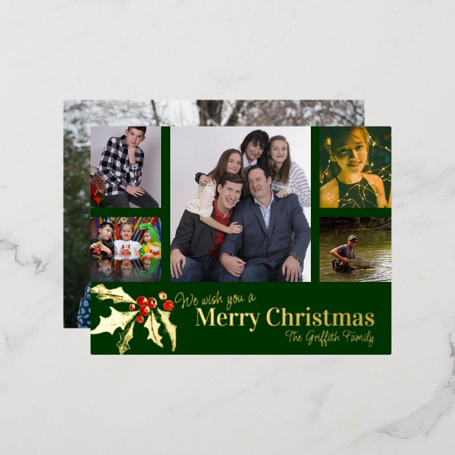 Merry Christmas 6 photos red green gold holly Foil Holiday Postcard (Front/Back)