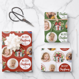 Merry Christmas 6 Photos Red Green White Wrapping Paper Sheet