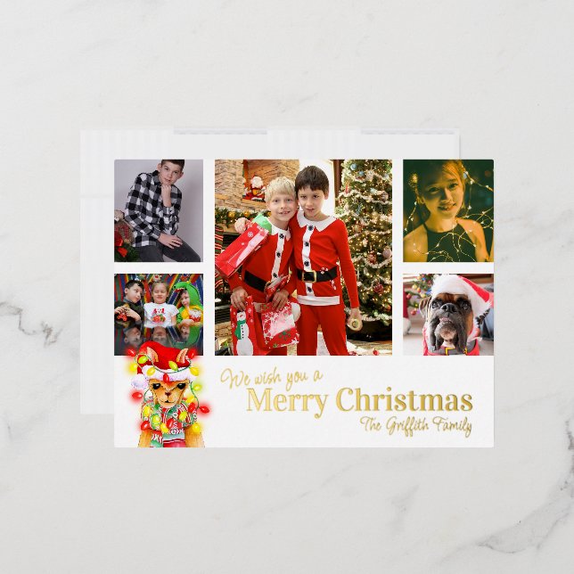 Merry Christmas 6 photos white gold cute llama  Foil Holiday Postcard (Envelope)