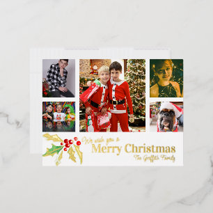 Merry Christmas 6 photos white red gold holly Foil Holiday Postcard