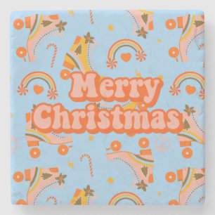 Merry Christmas 70s groovy disco pattern Stone Coaster