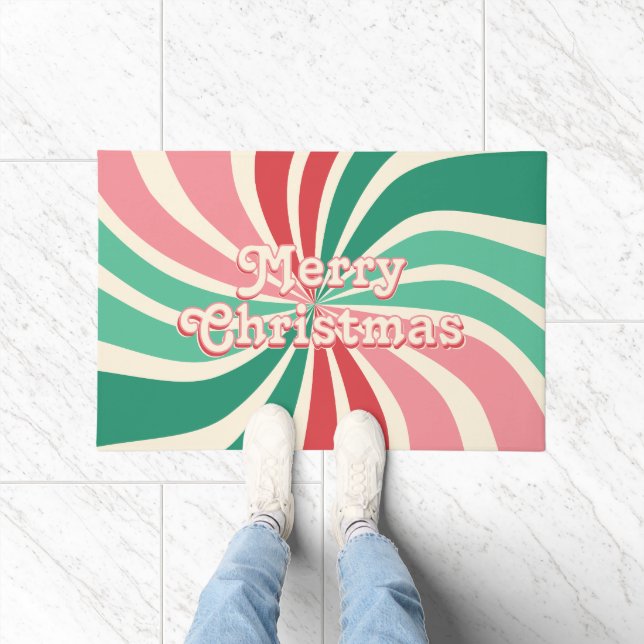 Merry Christmas 70s Peppermint Colors Sunburst Doormat (Indoor)