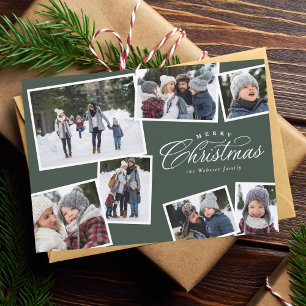 Merry Christmas 7 photo collage hunter green Holiday Card