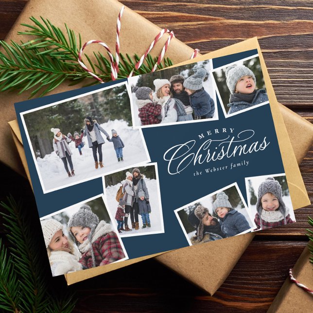 Merry Christmas 7 photo collage navy blue elegant Holiday Card (Creator Uploaded)