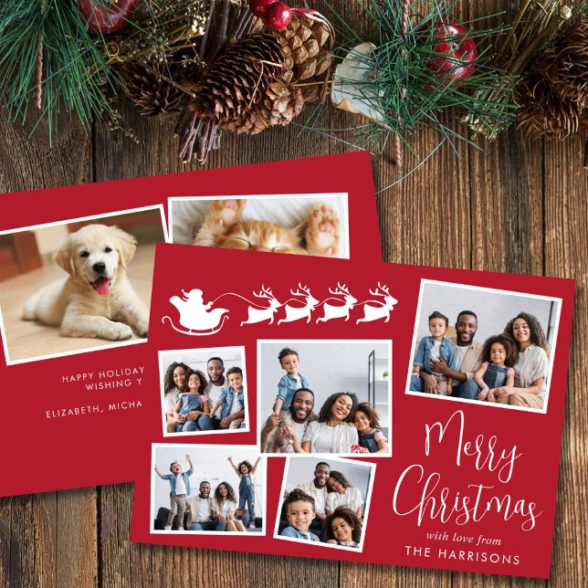 Merry Christmas 7 Photo Collage Santa Sleigh Holiday Card (Share the love and warmth of the holiday season with this personalized photo Christmas card)