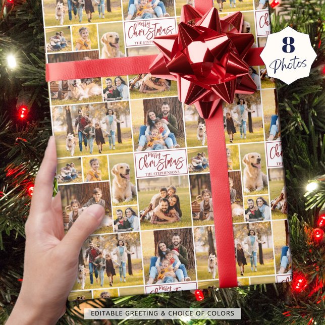 Merry Christmas 8 Photo Collage Red Personalised Wrapping Paper (Creator Uploaded)