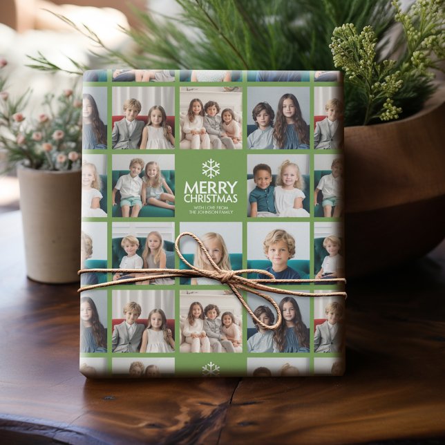 Merry Christmas 8 Photo Collage - snowflake family Wrapping Paper (Personalized Photo Wrapping Paper)
