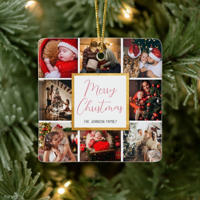 Merry Christmas 8 photos family collage gold frame Ceramic Ornament (Tree)