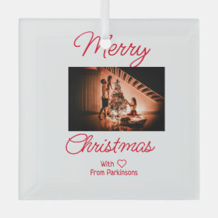 Merry Christmas add family name photo red simple m Glass Tree Decoration
