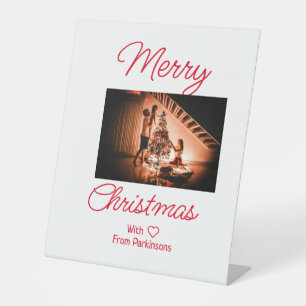 Merry Christmas add family name photo red simple m Pedestal Sign