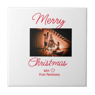 Merry Christmas add family name photo red simple m Tile