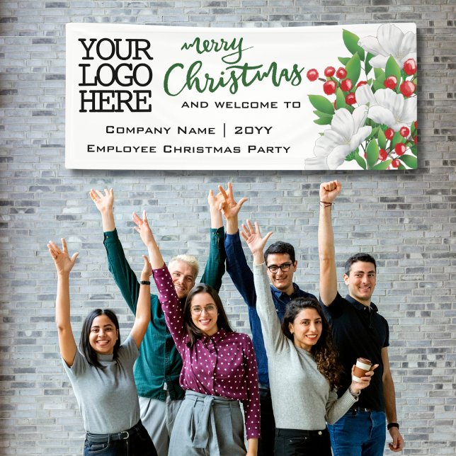 Merry Christmas Add Logo Watercolor Floral | Green Banner (Creator Uploaded)