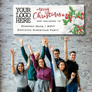 Merry Christmas Add Logo Watercolor Floral   Red Banner