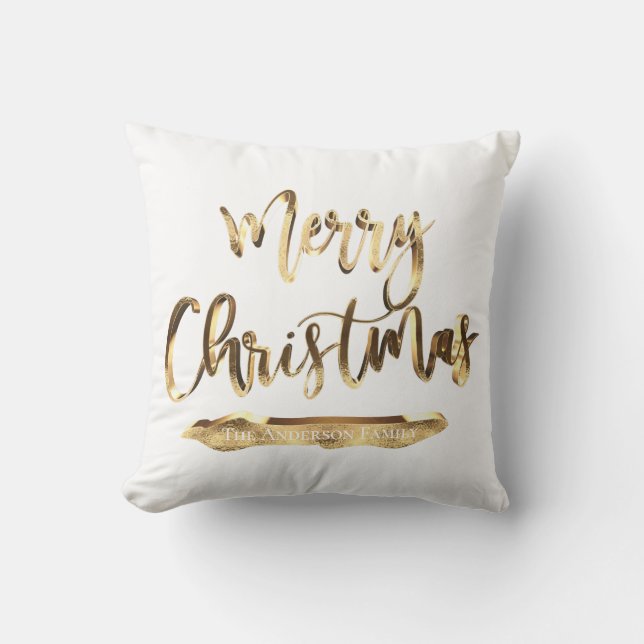 Merry Christmas Add Name or Text Gold and White Cushion (Front)