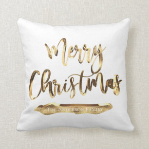 Merry Christmas Add Name or Text Gold and White Cushion