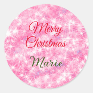 Merry Christmas add name red sparkle glitter holid Classic Round Sticker