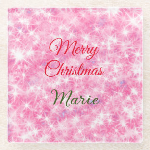 Merry Christmas add name red sparkle glitter holid Glass Coaster