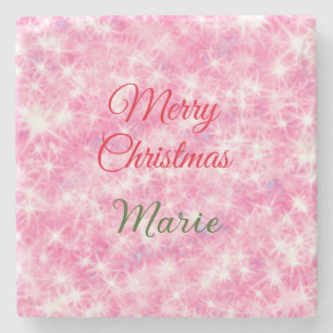 Merry Christmas add name red sparkle glitter holid Stone Coaster