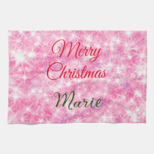 Merry Christmas add name red sparkle glitter holid Tea Towel