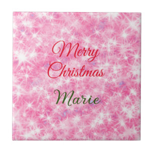 Merry Christmas add name red sparkle glitter holid Tile